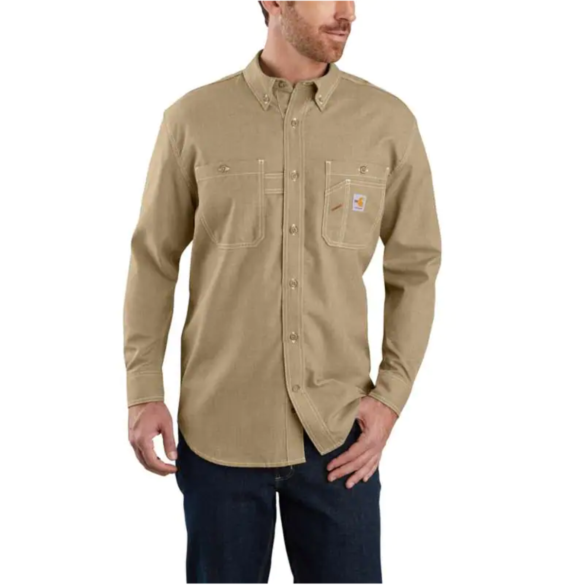 FR Carhartt Lightweight Long-Sleeve Button Front Shirt in Dark Khaki